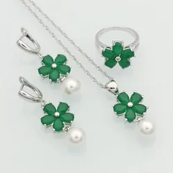 925 Sterling Silver Jewelry Green Created Emerald White Pearls Jewelry Sets For Women Anniversary Earrings/Pendant/Necklace/Ring