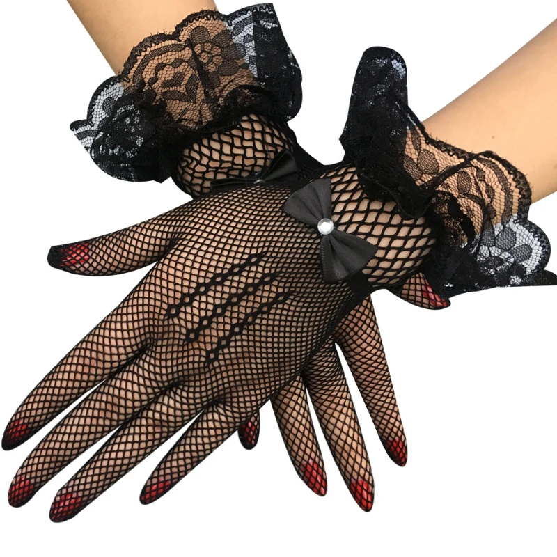 

Lace Mesh Stretch Gloves Sexy Fishnet Stretch Underwear Erotic Accessories Full Finger Stage Performance Etiquette Glove Women