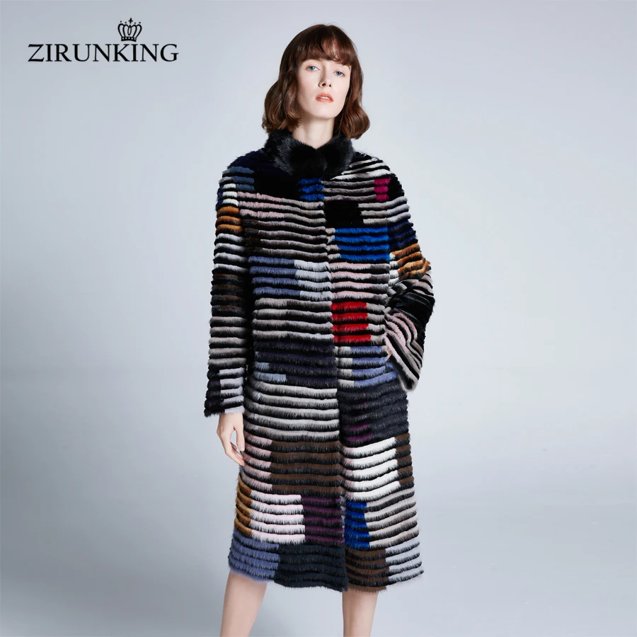 ZIRUNKING New 2020 Women Real Mink Fur Coat Lady stripe sewed  Colorful Female Long Fashion High Quality For Autumn Warm ZC1902