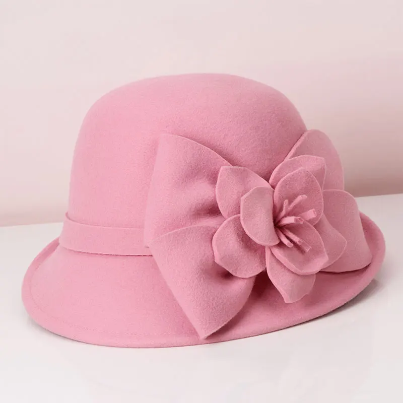 H787 Women Fedora Hat Female Autumn Winter Korean Short Eaves Wool Fedoras Cap Three-dimensional Flower British Elegant Hats