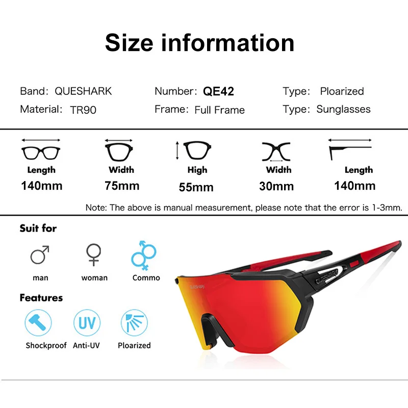 QUESHARK Women Men Polarized Cycling Sunglasses 5 Lens/Set Sports MTB Bicycle Eyewear Riding Road Bike Glasses Goggles QE42