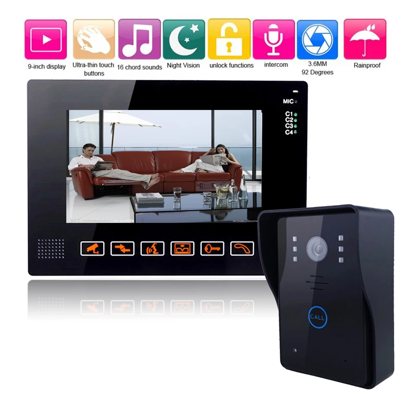 

9 Inch Video Door Phone Intercom Doorbell Touch Button Unlock 1000TVL CMOS Camera Night Vision Rainproof Security