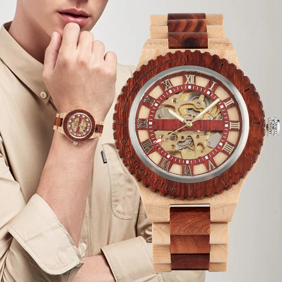 Men\'s Watch Wooden Watches Unique Automatic Business Mechanical Watch Wood Band Clock Skeleton Hollow Watch top Brand Luxury