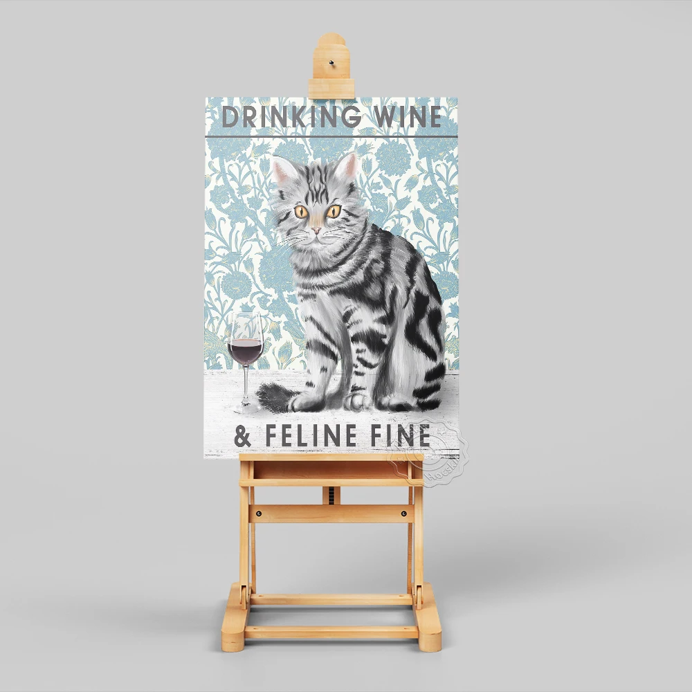 Drinking Wine & Feline Fine Poster, Cat Wine Hilarious Picture, Funny Animal Wall Sticker, Vintage Animal Bedroom Wall Art Decor