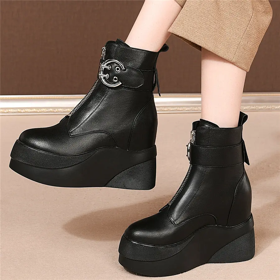 Casual Shoes Women Genuine Leather Wedges High Heel Ankle Boots Female Round Toe Fashion Sneakers High Top Platform Oxfords Shoe