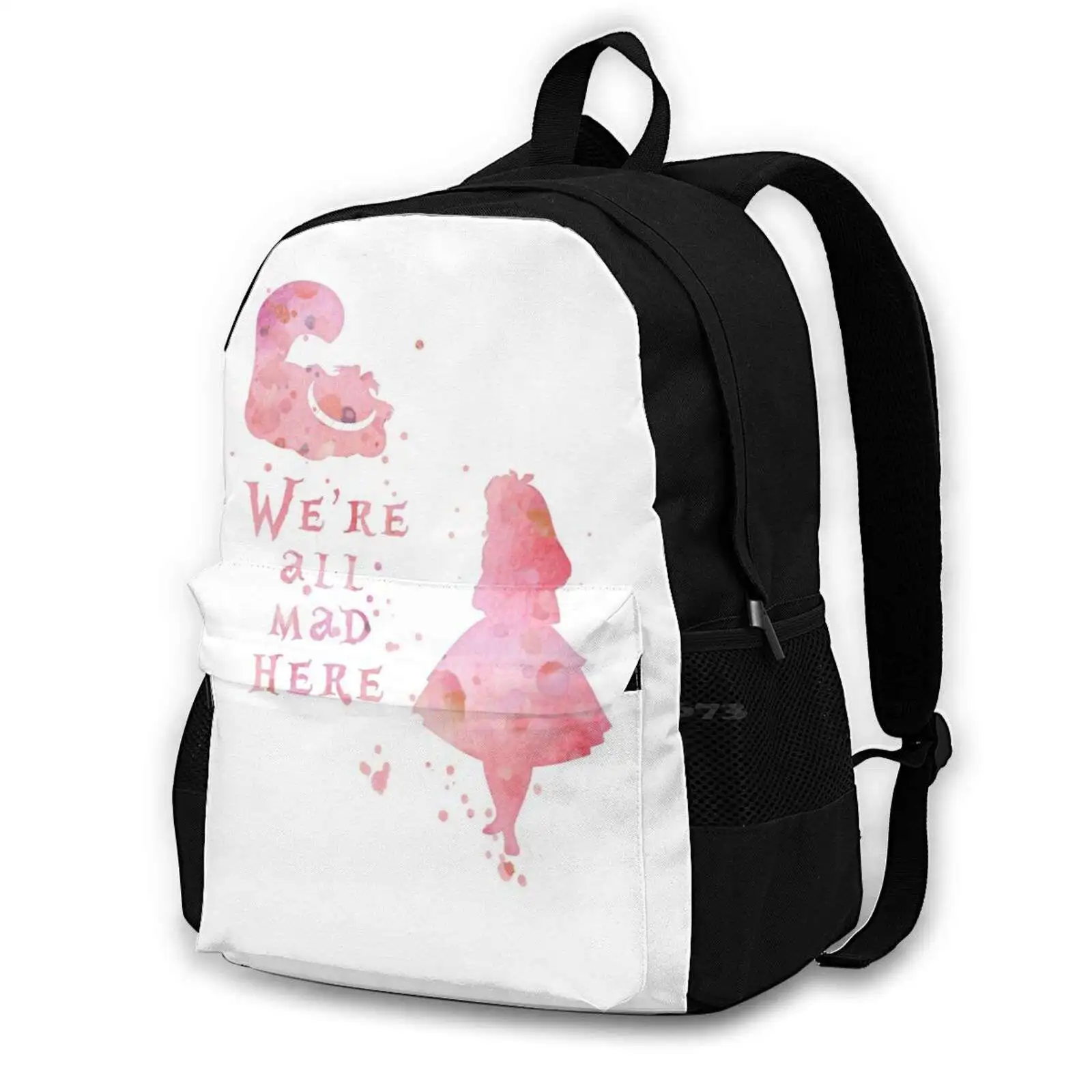 Watercolor Pink We're All Mad Here Teen College Student Backpack Laptop Travel Bags Were All Mad Here Through The Looking Glass