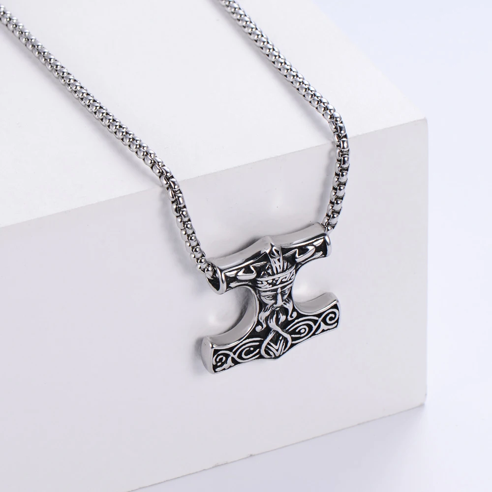 Hot Sell Vintage Stainless Steel Norse Viking Pendant Necklace Wolf Thor's Hammer Mjolnir Scandinavian Odin Amulet Men Jewelry