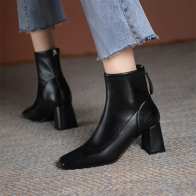 Meotina Ankle Boots Shoes Women High Thick Heel Boots Square Toe Zipper Lady Footwear Concise Short Boots Autumn White 40 Brown