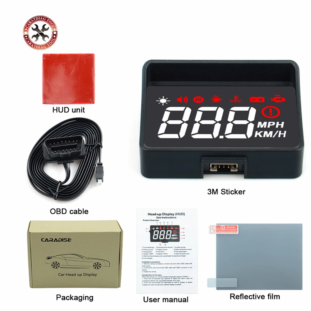 الأصلي A100S مع عدسة هود الزجاج الأمامي العارض Obd2 II EUOBD سيارة HUD رئيس يصل عرض نظام التحذير السرعة الزائدة الجهد إنذار