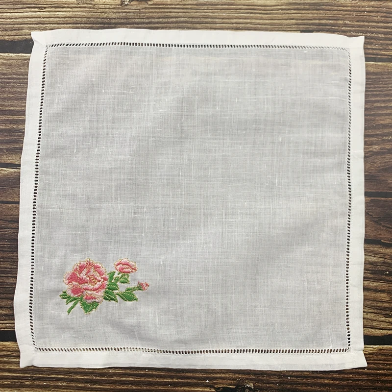 Set of 12 Handkerchiefs White Pure Ramie Cloth Fabric Table Napkins Hemstitched Border Embroidery Floral 18x18/20x20-inch Napkin