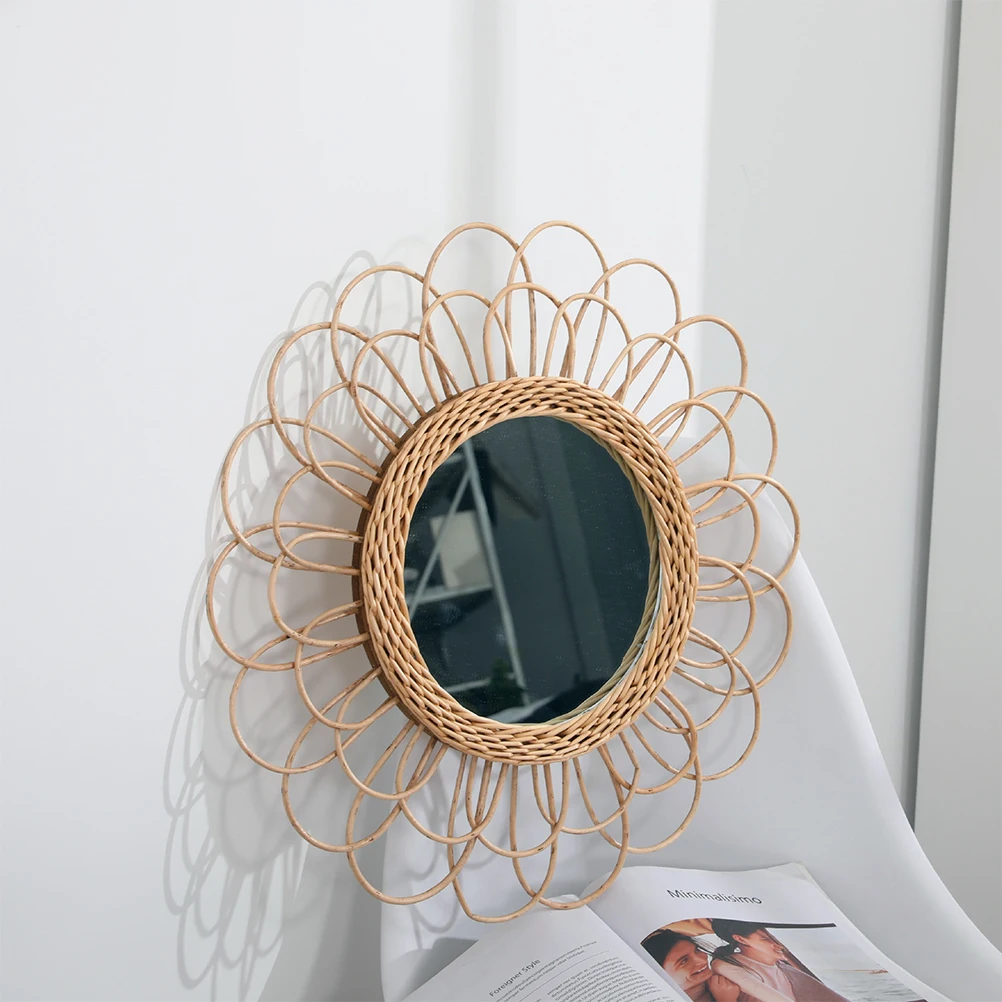 

40cm Hanging Mirror Rattan Sunflower Circular Wall Mirror Decor Boho Wicker Dressing Makeup Mirrors