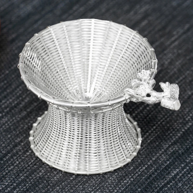 Sterling Silver 999 Tea Strainer Saucer, Handwork Weave Rattan, Kungfu Tea Rack, Drain Infuser Net Filter, Tearoom Tools