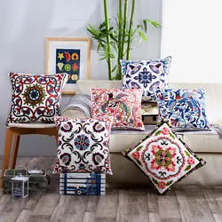 2-Piece European Thread Embroidered Flowers Cushion Cover Home Decor Cotton Bohemian Ethnic Pillowcase 45*45cm Pillow Covers
