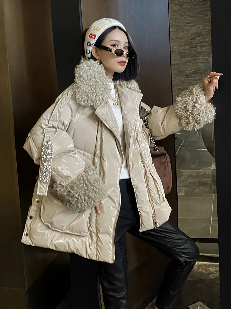 Nature Sheep Curly Fur Collar 90 White Duck Down Coat Women Winter Warm Feather Parka 2024High Grade Fashion Lady Winter Jacket