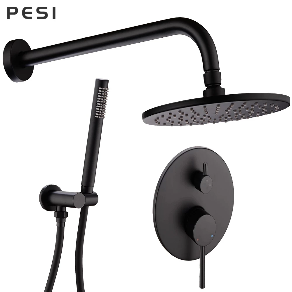 

Bathroom Rain Shower Faucet System Set Bath Mixer Tap Matte Black Brass Diverter Hand held 8-12" Head Wall Arm Kit.