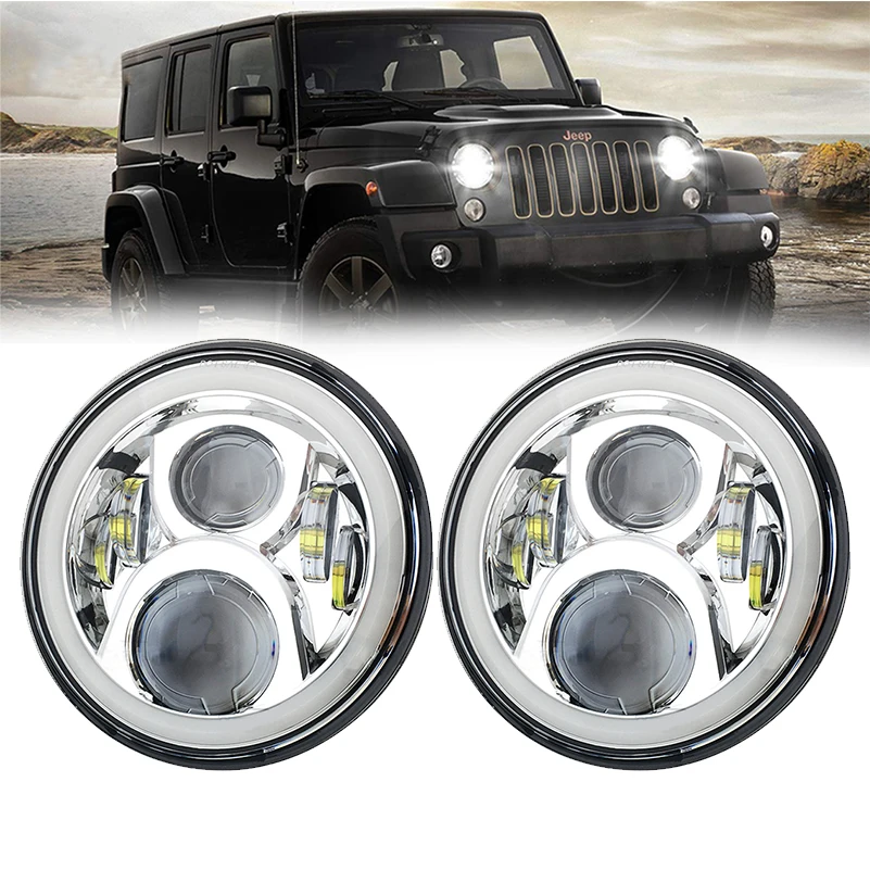 

2 pcs 7" LED Headlights with H4 For Land Rover Defender 7inch Headlamps with Amber Turn Signal For lada niva 4x4.