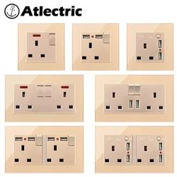 Power Socket 13A With USB Charging Ports Wall Electrical Outlet Double Socket Gold Glass Frame UK HK Maldives Ireland Malta