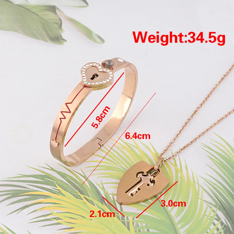 Matching Puzzle Couple Heart Lock Bracelet and Key Pendant Necklace for Lover Jewelry Gift
