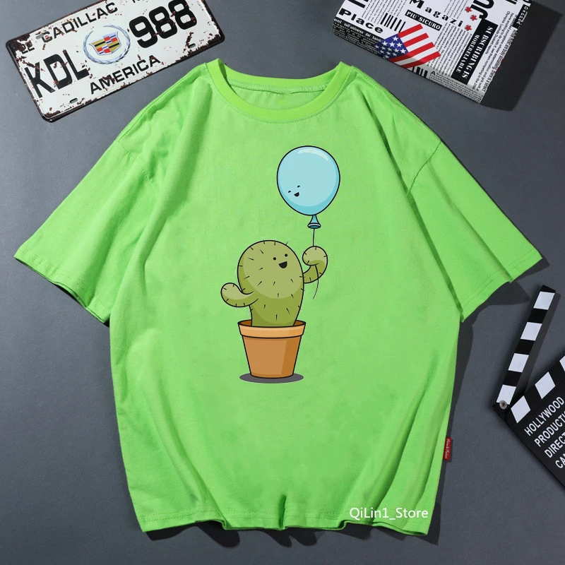 2024 Hot Sale  Cactus Balloon Print T Shirt Women Clothes Funny Green Solid Tshirt Femme Harajuku Kawaii T-Shirt Tops