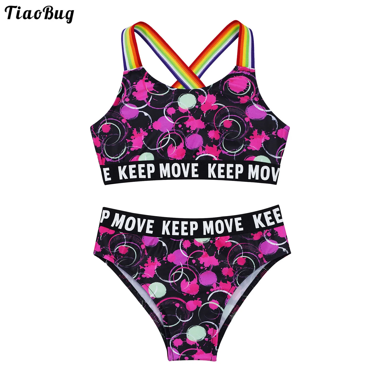 

TiaoBug Summer 2Pcs Kids Girls Swimwear Straps Cross At Rear Print Crop Tops And Briefs Set Beach Pool Swimming Bathing Tankini