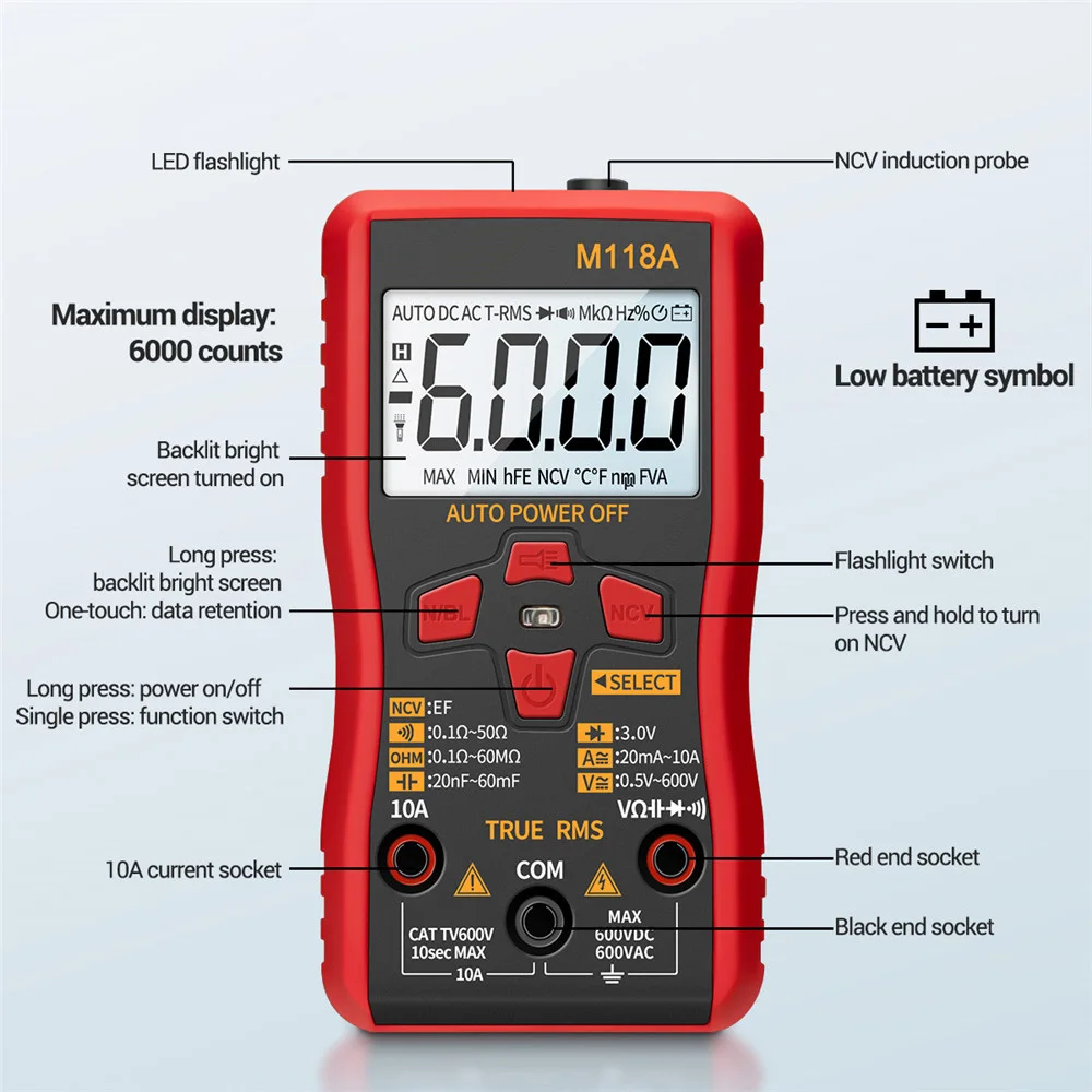 M118A multimetro digitale Mini Smart Tester con NCV Data Hold torcia 6000 conteggi Auto Mmultimetro True Rms Tranistor Meter