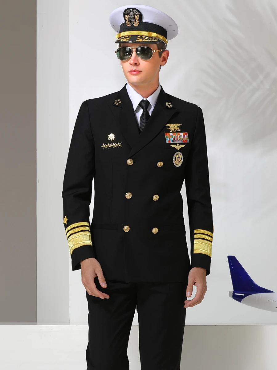 American Captain Uniform Pilot Colonel Suits Men Stage Performance Black Costumes Business Casual Blazer Suit