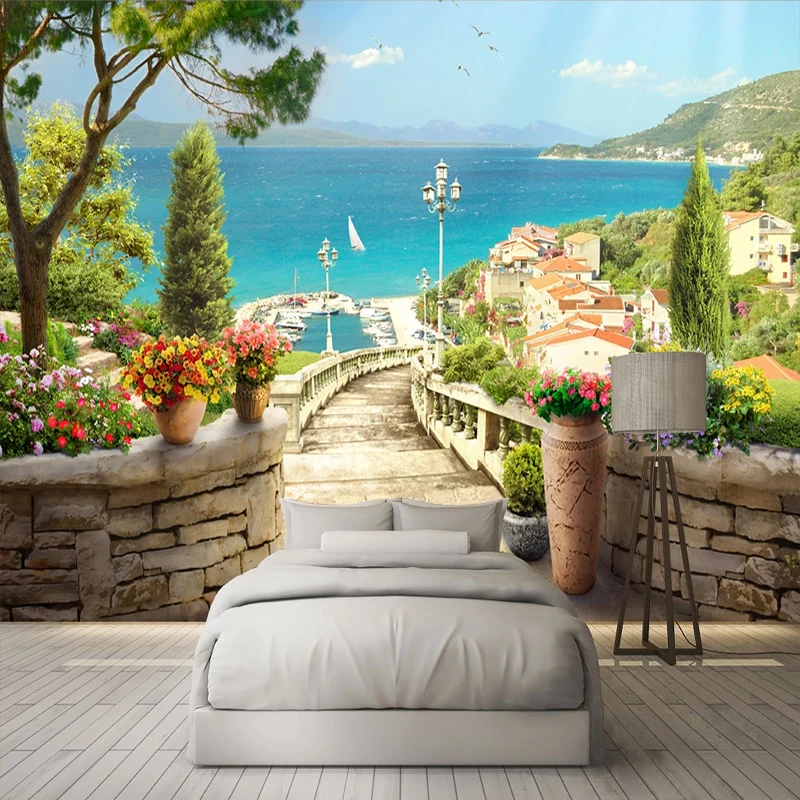 

Custom Photo 3D Balcony Garden Seascape Large Mural Living Dining Room Bedroom Decor Waterproof Canvas Painting Wallpaper Tapety