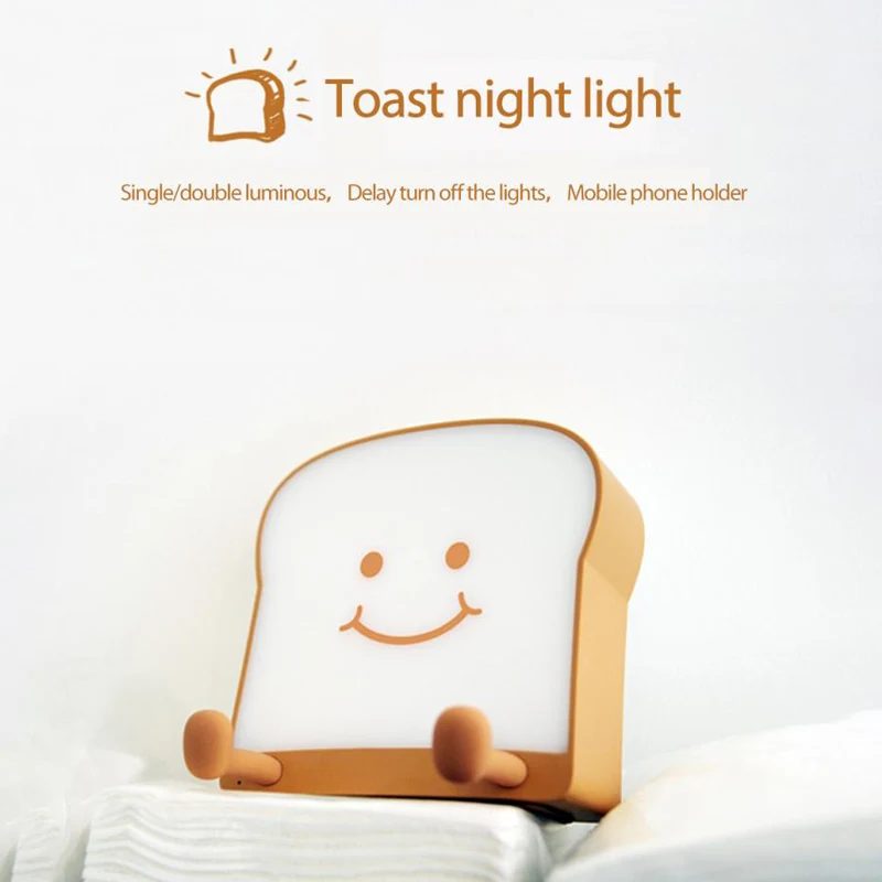 LED Cartoon Toast Night Light Bedroom Bedside Atmosphere Light USB Charging Timing Phone Holder Christmas New Year Birthday Gift