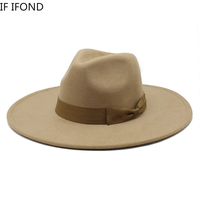 2022 New British Style Men Women Winter Felt Fedoras Cap 9.5cm Big Wide Brim Derby Wedding Church Jazz Hats