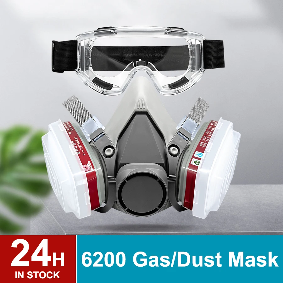 8In1 6200 Dust Gas Mask With Safety Goggles Half Face Gas Respirator Replacements Painting Spraying Polish Work Industrial