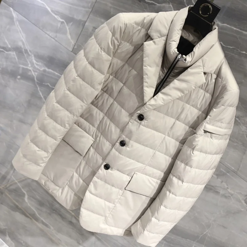 Mens Casual Slim Fake Two Double Collar Diamond Lattice White Duck Down Jacket Single Breasted Zippers Pockets Suit Coat