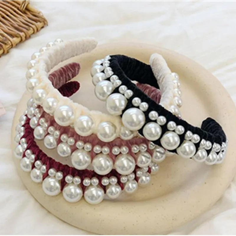 Big Pearls Winding Headband for Women Elegant Headdress Top Quality Handmade Pearls Hairband Velvet Ladies Party Head Band Solid