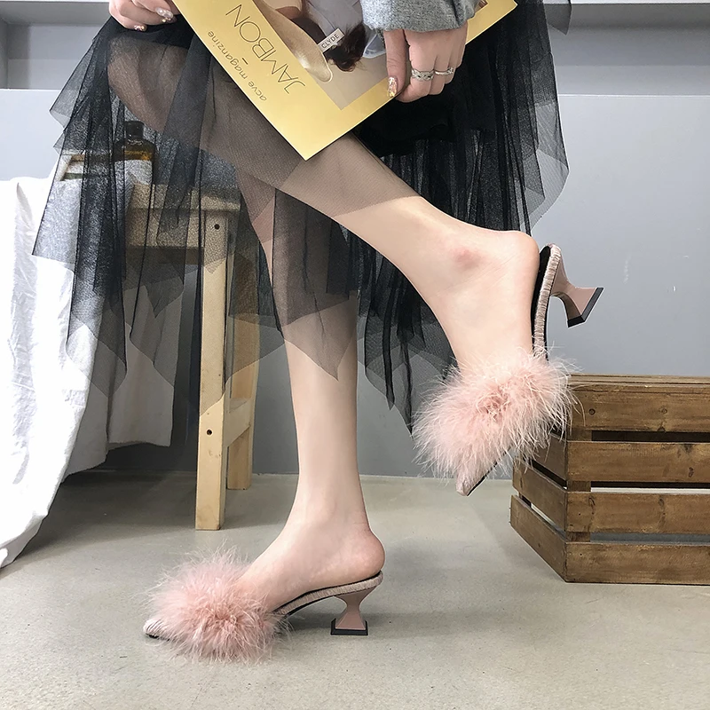 2020 new women\'s set toe-shaped non-slip high heels fashion rubber bottom elastic cloth summer shallow fur shoes