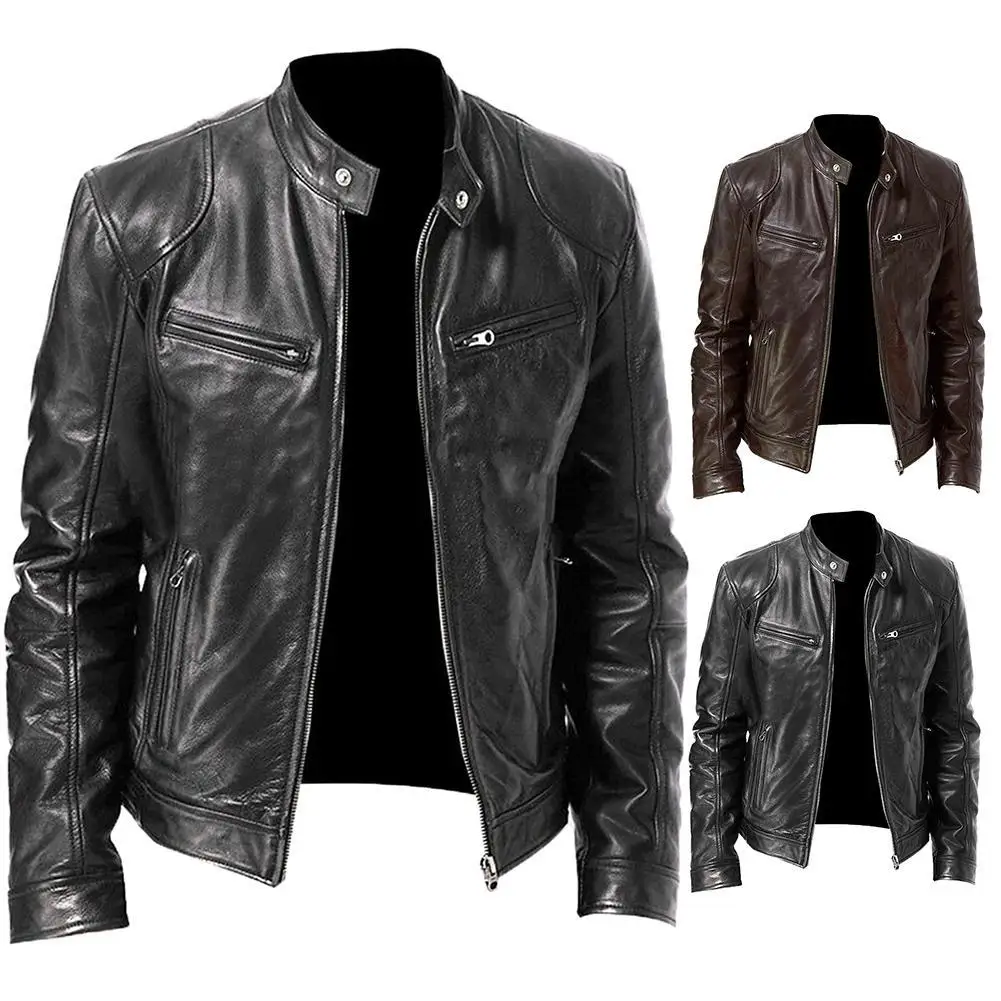 Fashion Men jacket Coat Autumn Winter Stand-up Collar Zipper Artificial Leather Motorcycle Windproof Jacket