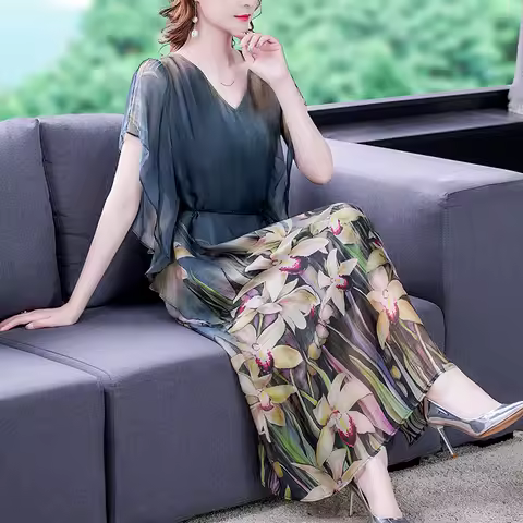 2024 Loose Print Natural Silk Midi Dress Summer Vintage Casual Chiffon Dress Elegant Women Bodycon Party Evening Vestidos