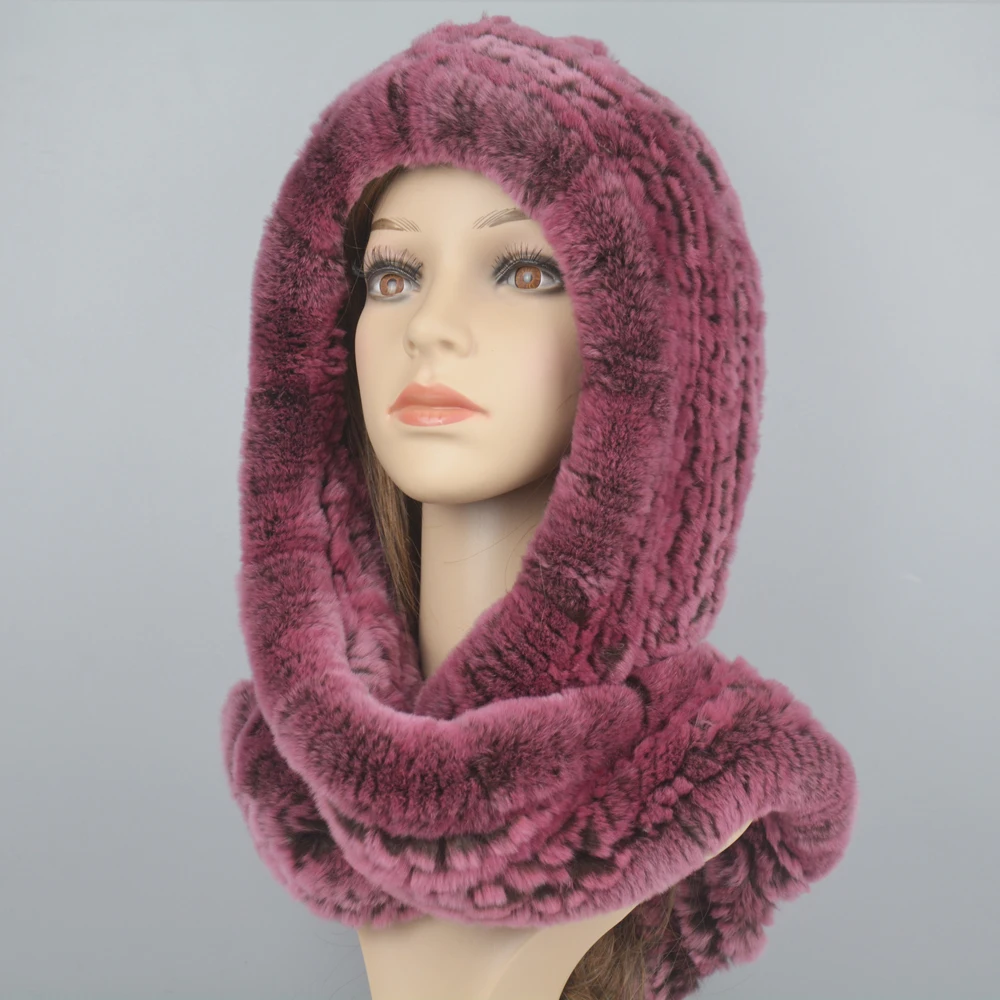 2024 Women Winter Knitted Real Rex Rabbit Fur Hat Scarf Brand Rex Rabbit Fur Cap Scarves Quality Natural Rex Rabbit Fur Poncho