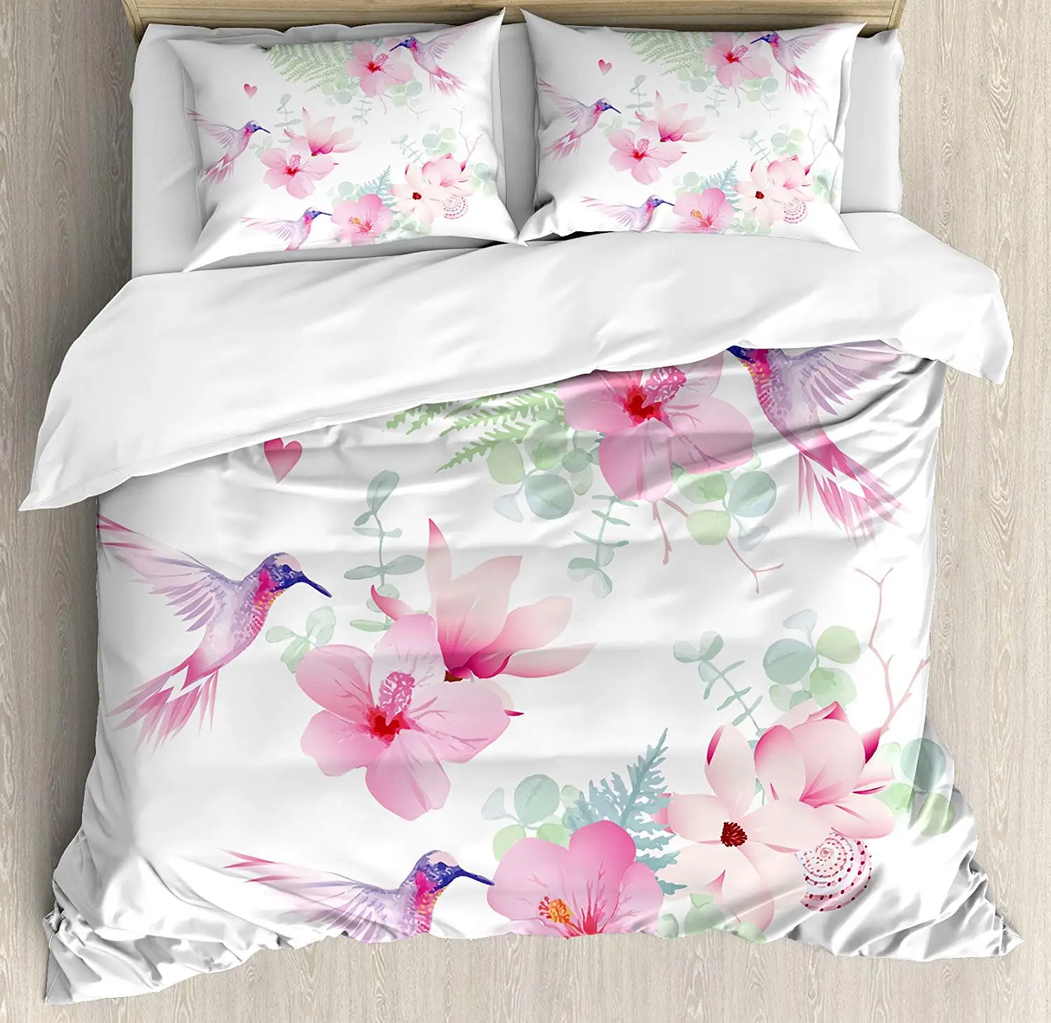 Hummingbirds Duvet Cover Set Tropical Flowers with Flying Hummingbirds Wild Nature Blooms Decorative 3 Piece Bedding Set