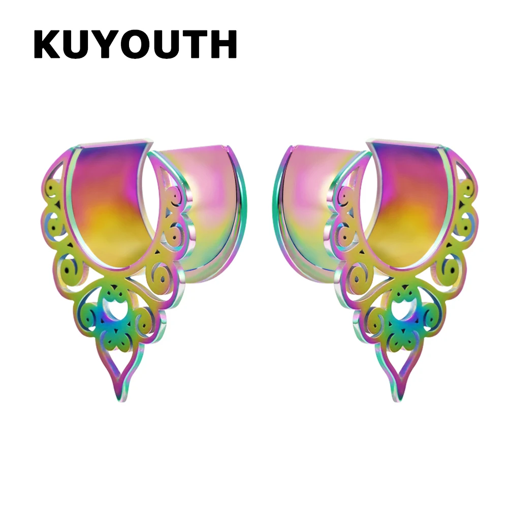 KUYOUTH Fashion Stainless Steel Gap Flower Vine Ear Piercing Tunnels Stretchers Body Jewelry Earring Gauges Expanders 2PCS