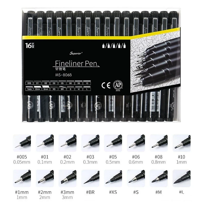 16PCS/SET Creative Waterproof Syringe Pen Sign Pen Professional Comic Drawing Hook Line Pen Student Art Marker Set
