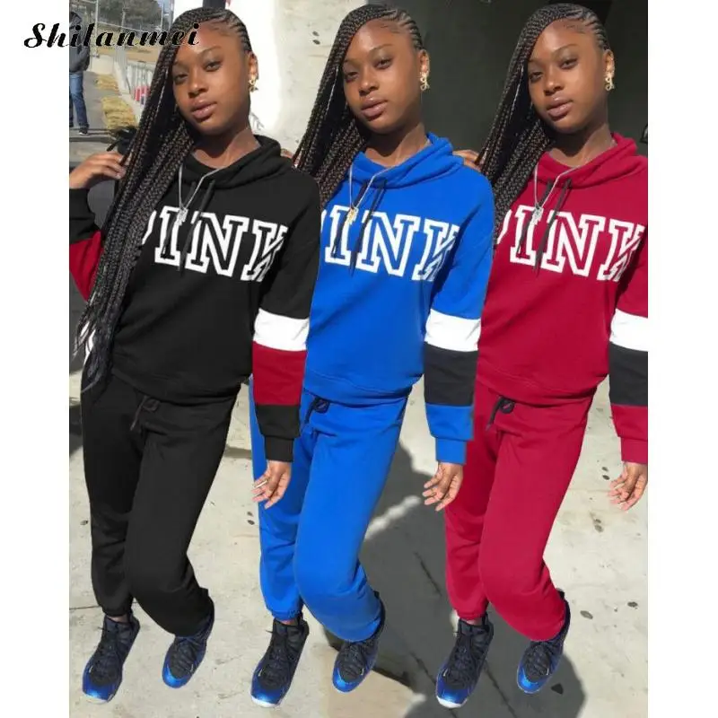 Winter Women Tracksuit Two Pieces Sets Pink Letter Print Sweatshirts Top + Sweatpants Casual Sport Outfits Female Jogging Suit