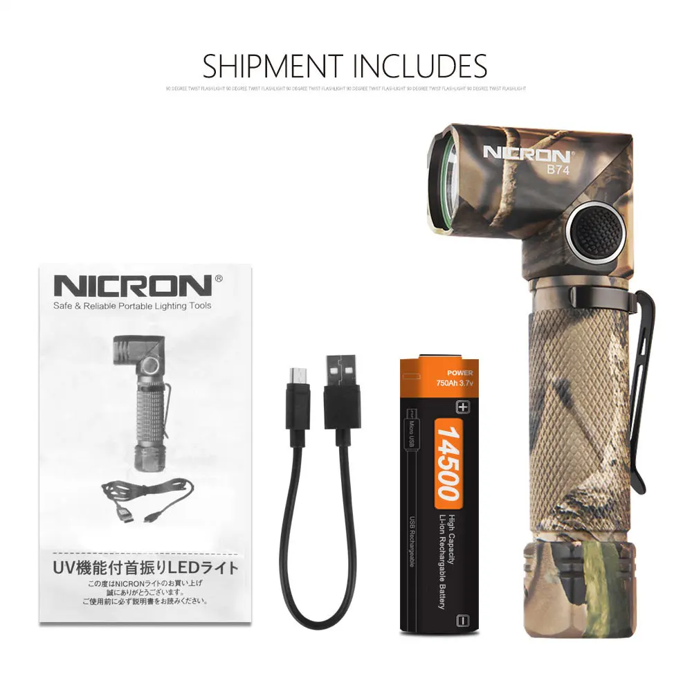 NICRON Mini 90 Degree Twist Rechargeable LED Flashlight 600 Lumens Waterproof IP65 USB Charging Corner Light LED Torch B74-Camo