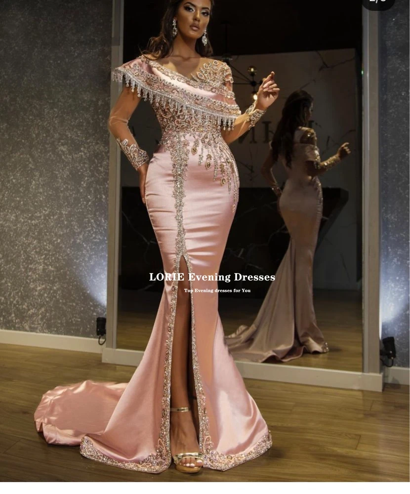 LORIE Crystals Beads Pink Satin Evening Dresses Dubai Arabic Abiye Formal Prom Party Gowns With Split 2021 Celebrity Dresses