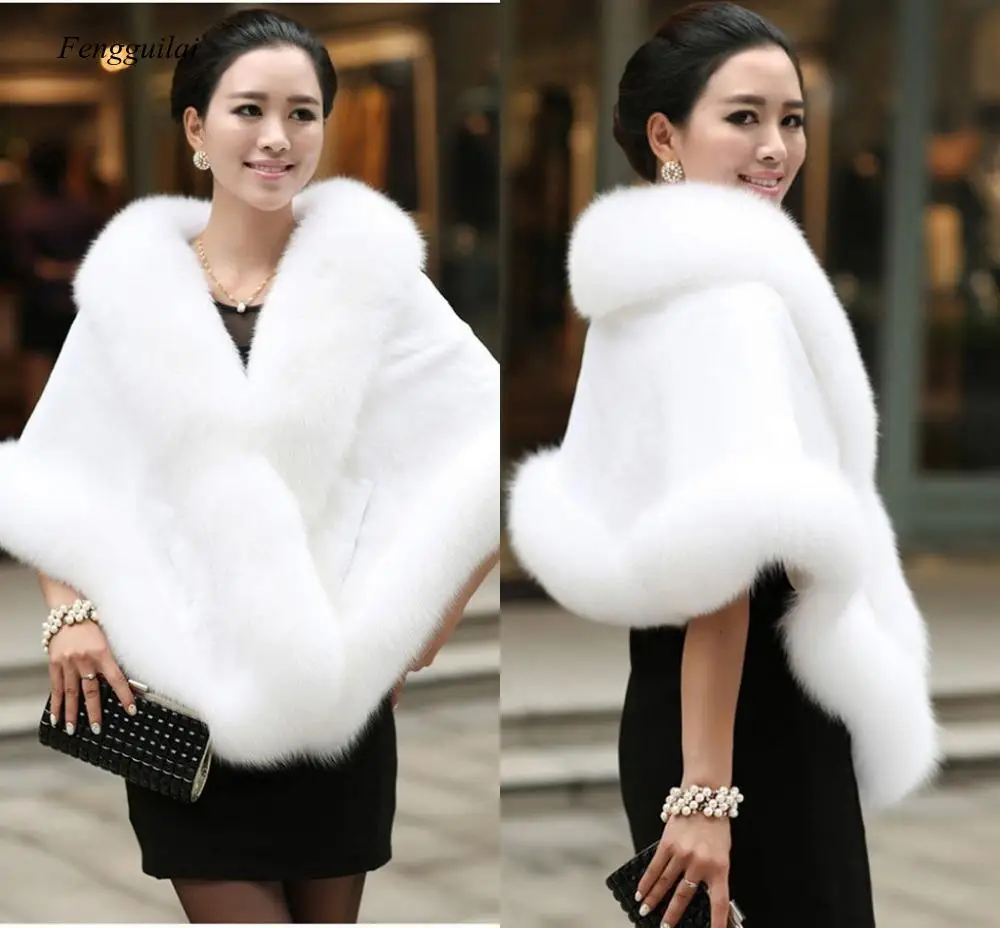 165*55 Cm  Women Fur Shoulder Wrap Burgundy Bridal Shawls Cape White Black Faux Fur Wedding Coat