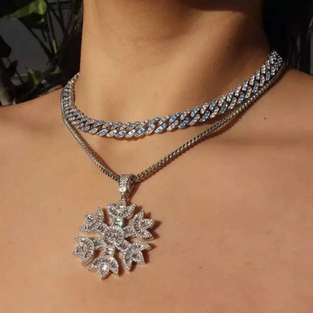 

New Gold Silver Color Snowflake Pendant Necklace 5mm Tennis Micro Pave Iced Out Cubic Zirconia Choker Hip Hop Fashion Jewelry