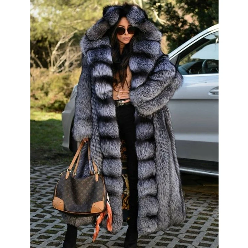 BFFUR Luxury Real Silver Fox Fur Coats For Women 2022 Winter Fashion Whole Skin Fox Fur Jackets Thick Warm Overcoat High Quality