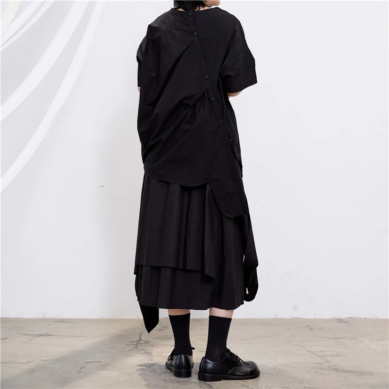 Summer ladies round collar solid color irregular design hem simple loose fashion short-sleeved T-shirt back button pleats short