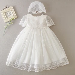 2024 Summer New 0-24M Baby Girl Baptism Dress White Lace Baptism Birthday Party Wedding Princess Dress Infant Baby Clothing