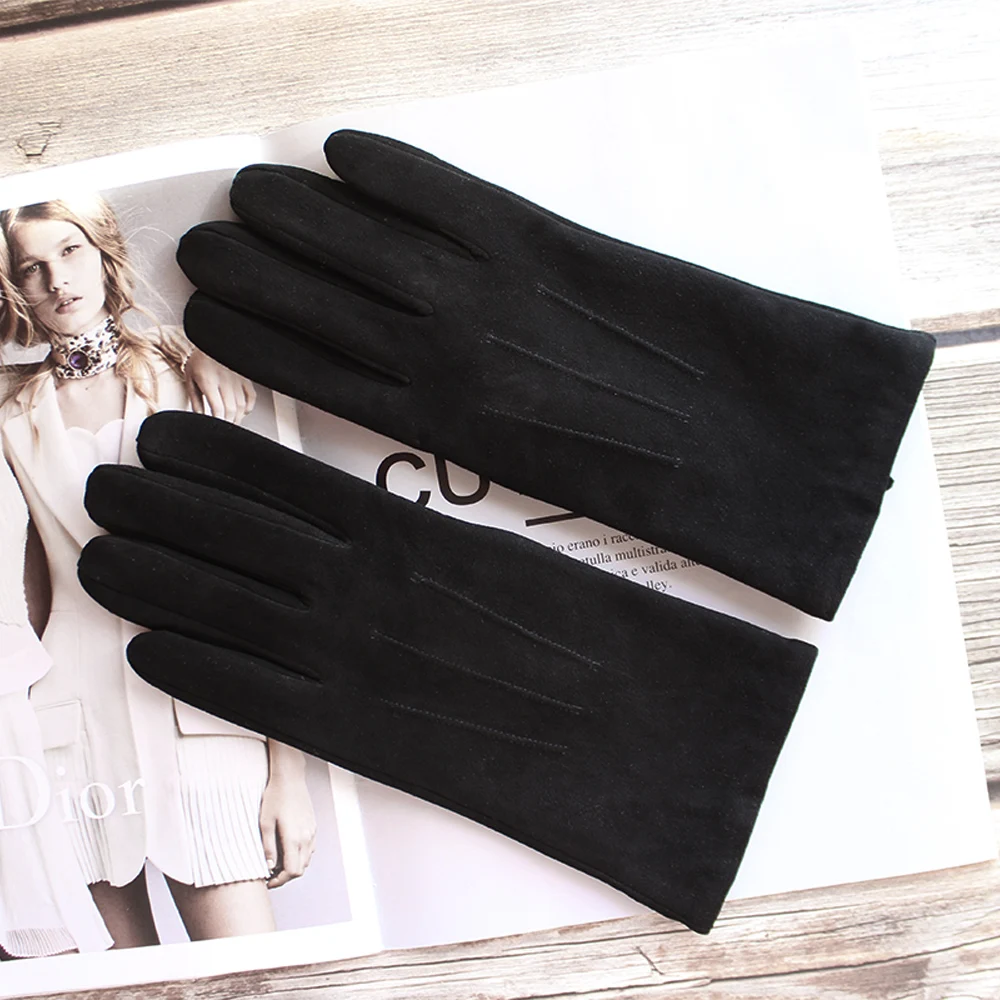 Sheepskin Suede Gloves Female Leather Black Velvet Lining Fashion Hand Repair New Autumn and Winter Warmth Outdoor Travel Points