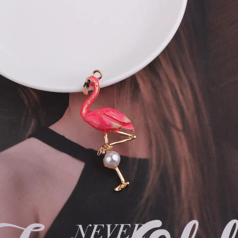 5pcs Enamel Pearl Flamingo Charms DIY Handmade Pink Bird Flamingo Pendants Bracelet Necklace Earring Pendants Jewelry Accessory