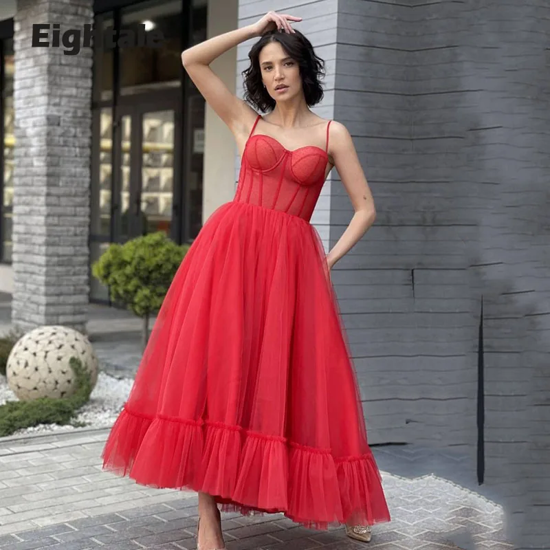 Elegant Short Prom Dresses 2021 Sweetheart Red Spaghetti Strap Polka Dot Tulle Ruffled Celebrity Party Graduation Girl Dress